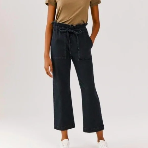 *NEW* SOMETHING NAVY AGNES PAPERBAG DENIM TROUSERS BLACK MEDIUM
